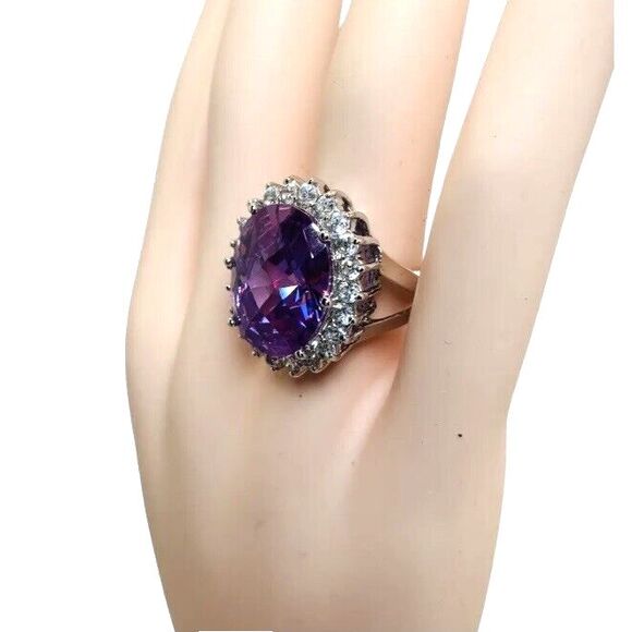 Large  Purple Crystal 925 Sterling Silver Cocktail Ring Sz 8 Statement Bold - Picture 15 of 16